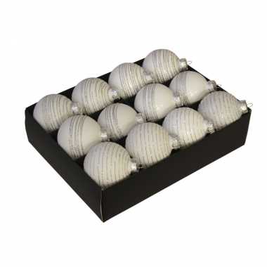 12x luxe glazen gedecoreerde witte kerstballen met streep 7,5 cm