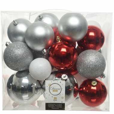 26 stuks kunststof kerstballen mix zilver-rood-wit 6, 8, 10 cm