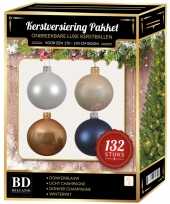 Champagne wit parel donkerblauwe kerstballen pakket 132 delig voor 180 cm boom