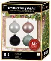 Wit mint lichtroze zwarte kerstballen pakket 132 delig voor 180 cm boom
