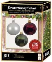 Witte donkerrode donkergroene kerstballen pakket 130 delig voor 180 cm boom