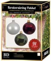 Witte donkerrode donkergroene kerstballen pakket 91 delig voor 150 cm boom