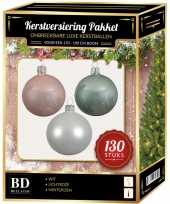 Witte mintgroene lichtroze kerstballen pakket 130 delig voor 180 cm boom
